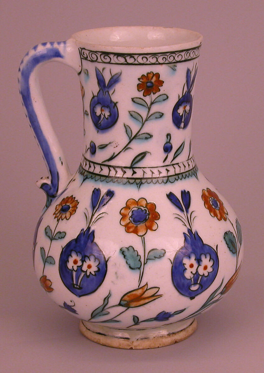 Ewer with Floral Design, Stonepaste; polychrome painted under transparent glaze