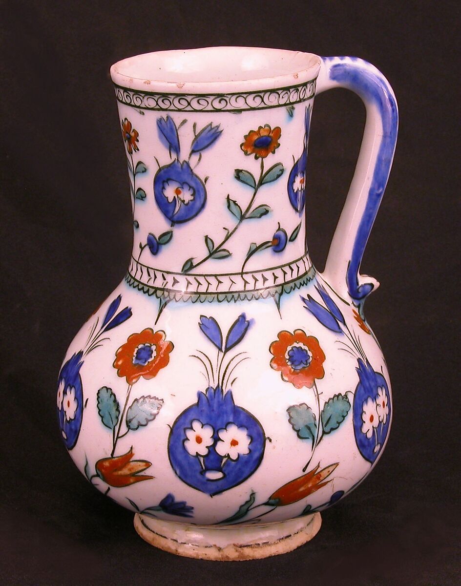 Ewer with Floral Design, Stonepaste; polychrome painted under transparent glaze