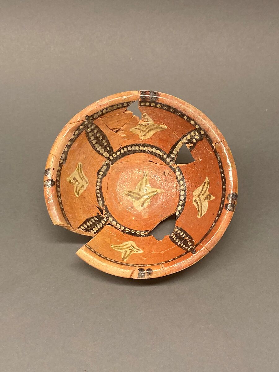 Bowl, Earthenware; red slip with polychrome slip decoration under glaze 
