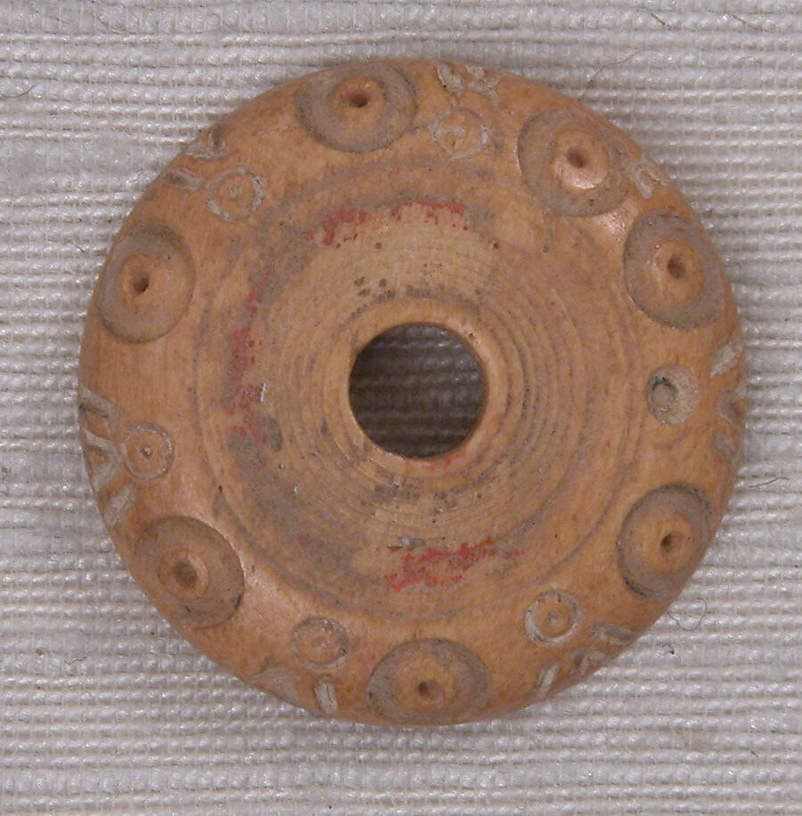 Button, Bone; incised and inlaid with paint