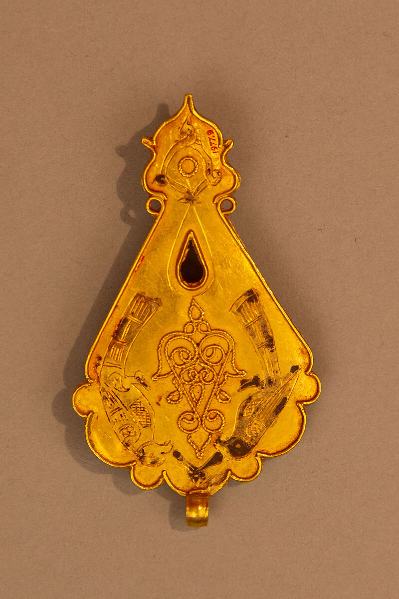 Pendant, Gold, fabricated from sheet, decorated with bitumen-highlighted incising, twisted wire, and granulation, set with garnets, turquoise, and other precious stones, probably tourmalines
