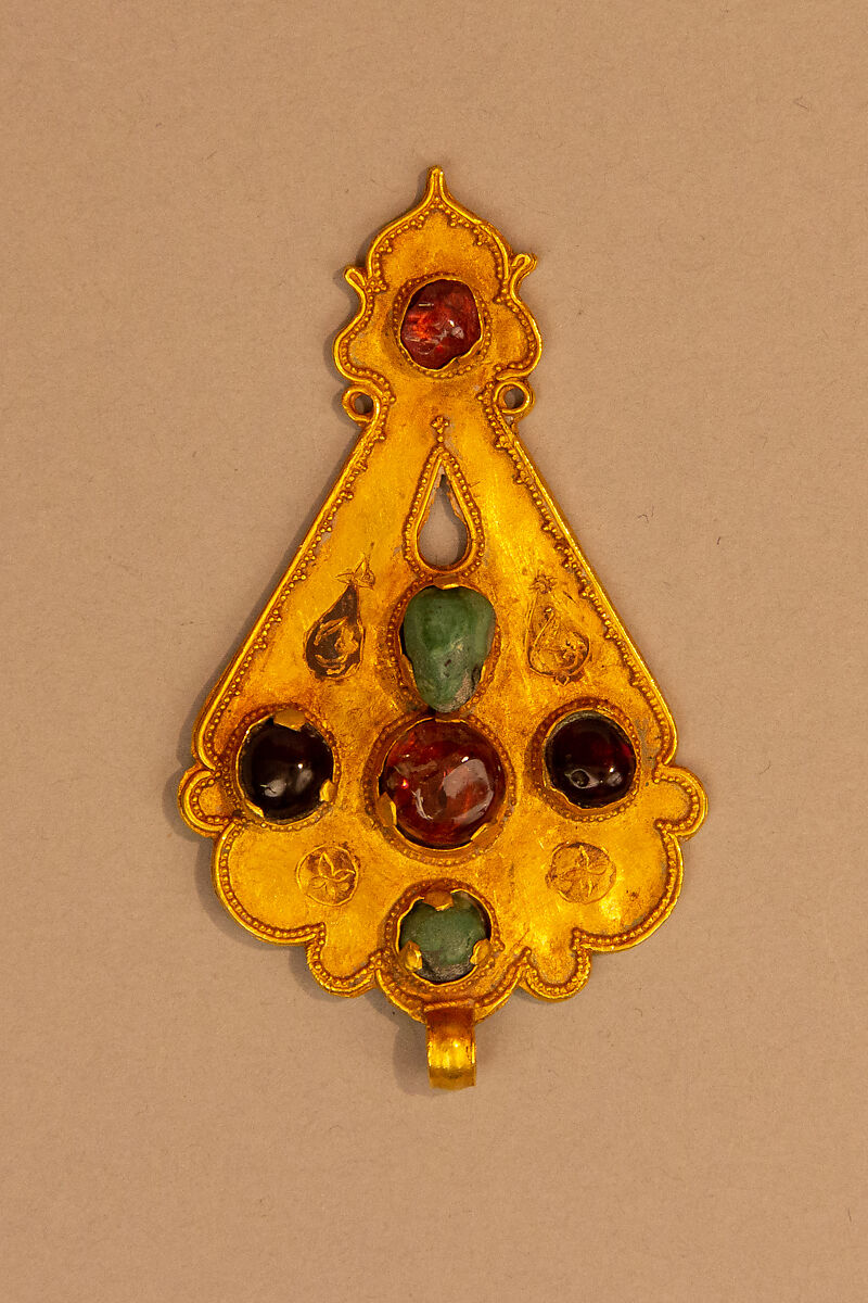 Pendant, Gold, fabricated from sheet, decorated with bitumen-highlighted incising, twisted wire, and granulation, set with garnets, turquoise, and other precious stones, probably tourmalines