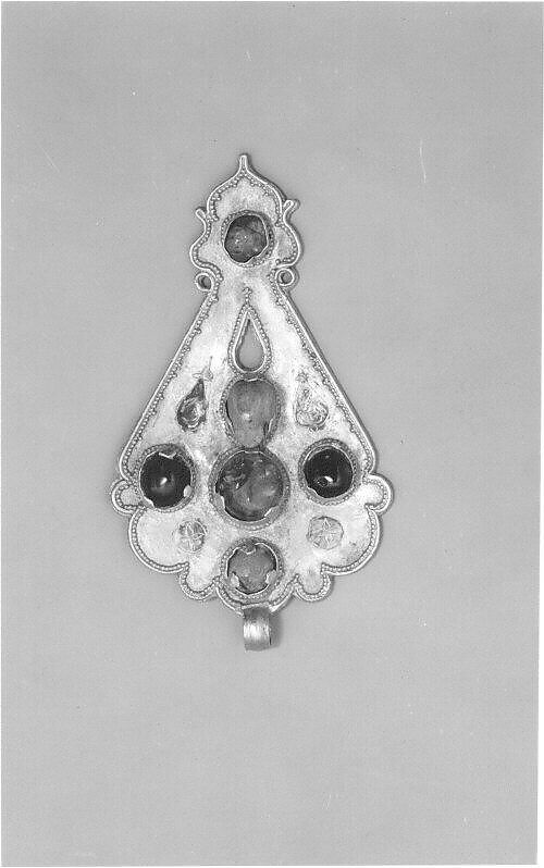 Pendant, Gold, fabricated from sheet, decorated with bitumen-highlighted incising, twisted wire, and granulation, set with garnets, turquoise, and other precious stones, probably tourmalines 