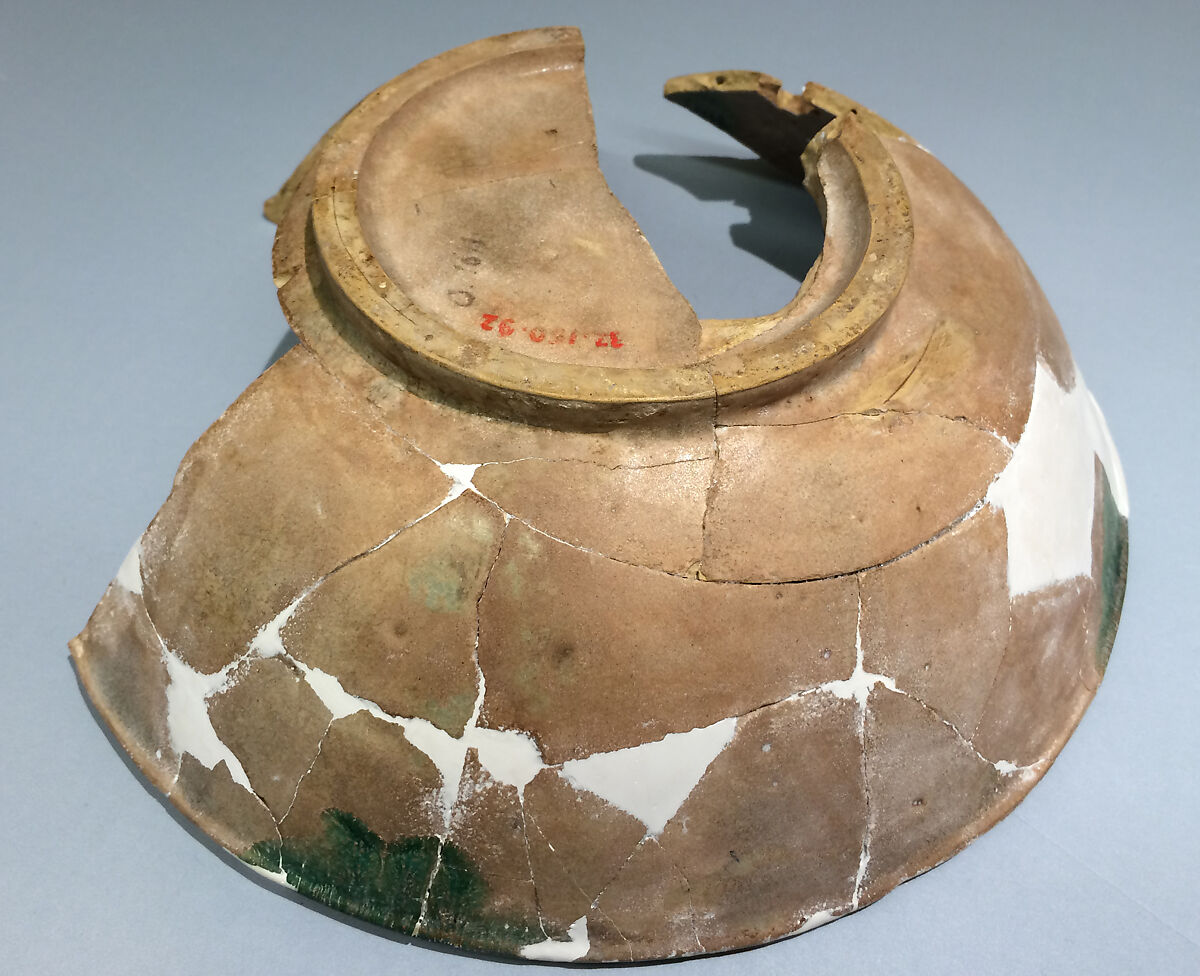 Fragments of a Bowl with Green Splashes and Blue Inscription, Earthenware; splashed in green and painted in blue on opaque white glaze