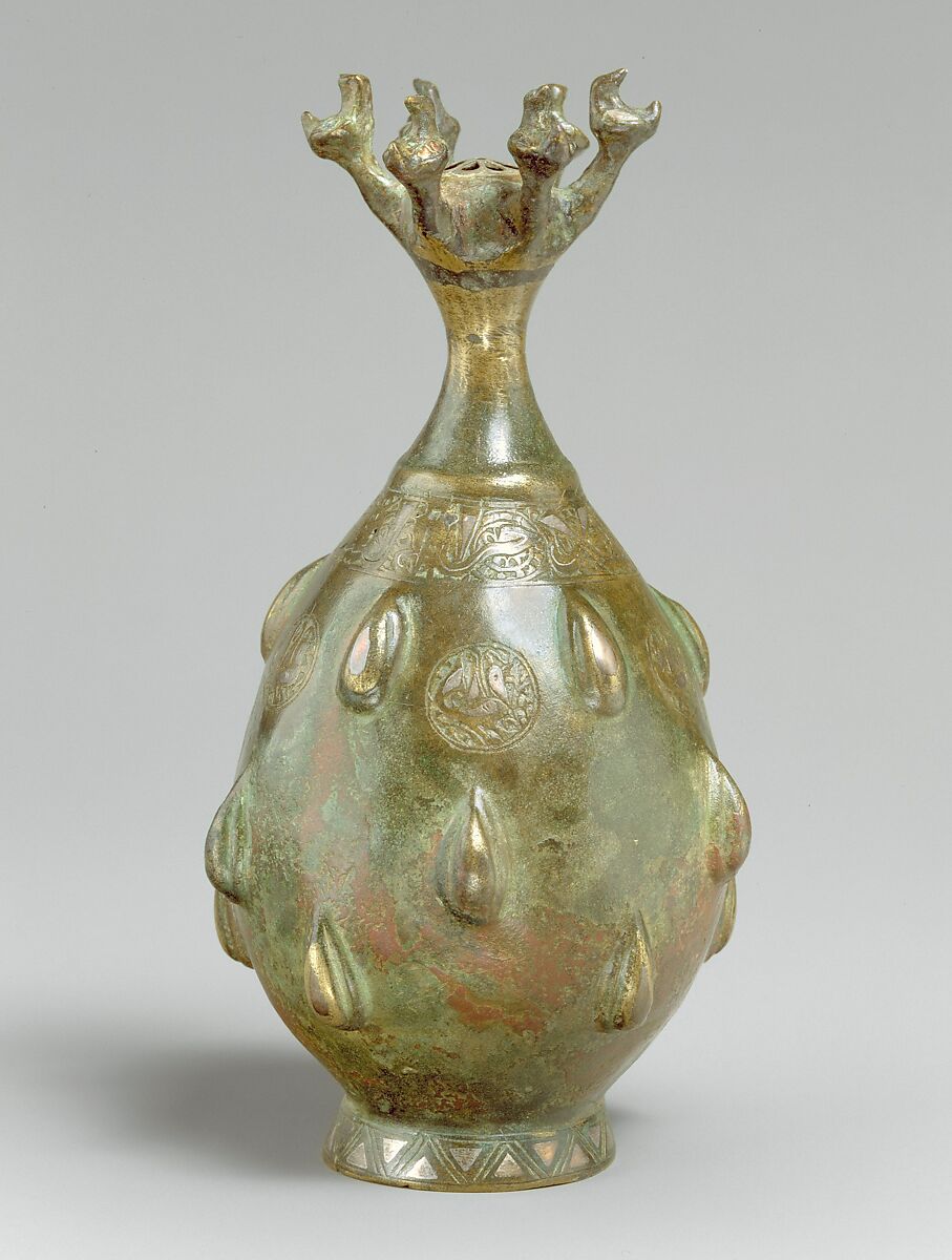Bottle with Sprinkler Top, Quaternary alloy; cast, engraved, inlaid with silver and copper
