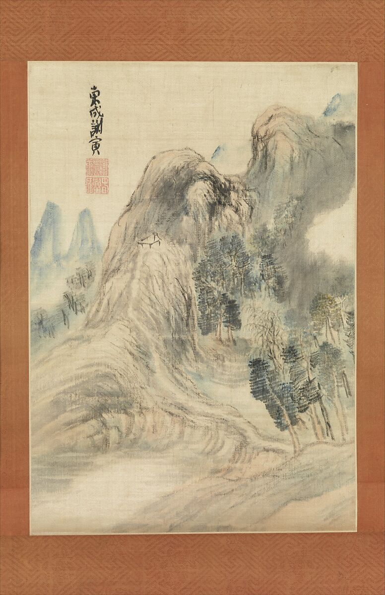 Autumn Landscape, Yosa Buson (Japanese, 1716–1783), Hanging scroll, color on satin, Japan 