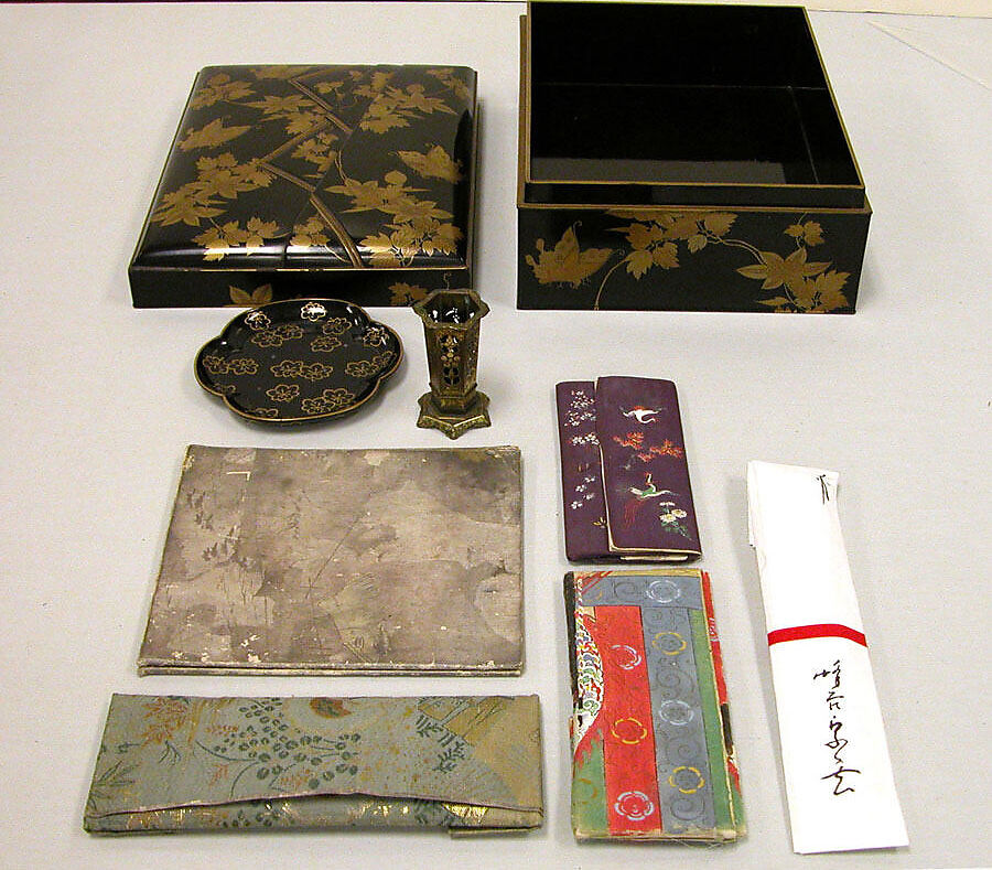 Box and utensils for incense ceremony set, Black lacquer decorated with sprinkled lacquer; clematis and butterfly folded incense paper design, Japan