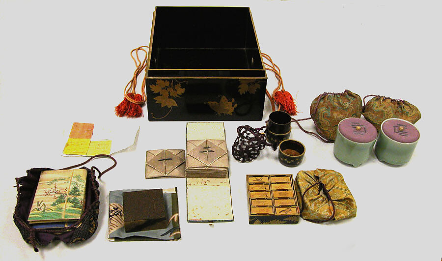 Box and utensils for incense ceremony set, Black lacquer decorated with sprinkled lacquer; clematis and butterfly folded incense paper design, Japan