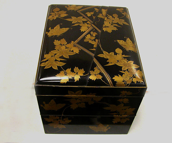 Box and utensils for incense ceremony set, Black lacquer decorated with sprinkled lacquer; clematis and butterfly folded incense paper design, Japan