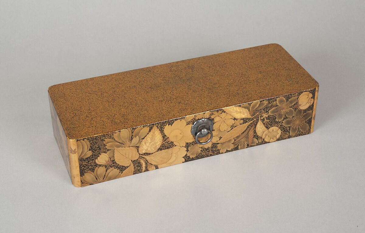 Letter Box (Fumibako) with Design of Cherry Blossom and Maple Leaf, Polished lacquer with sprinkled gold and gold lacquer, mounted with silver rings, Japan