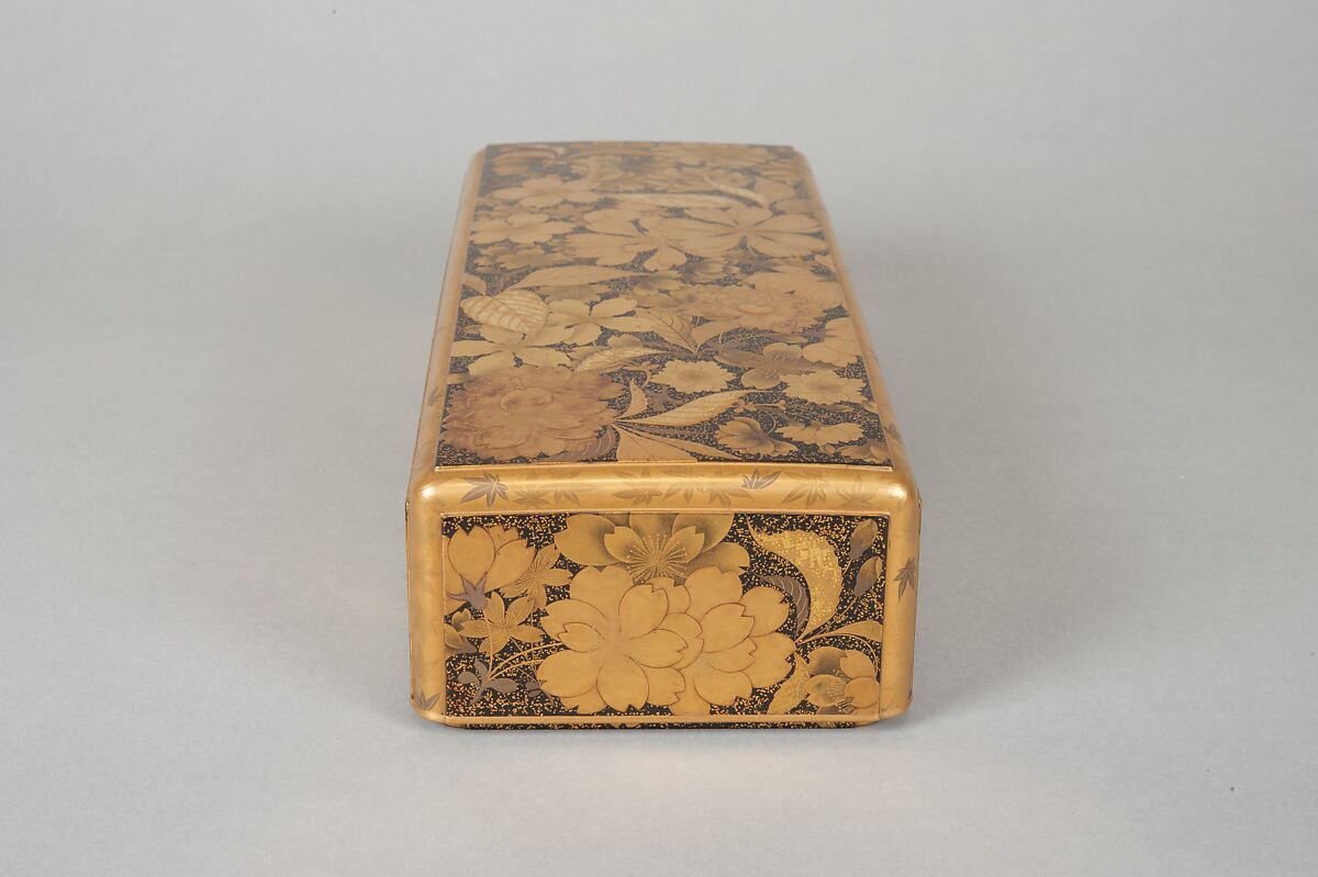 Letter Box (Fumibako) with Design of Cherry Blossom and Maple Leaf, Polished lacquer with sprinkled gold and gold lacquer, mounted with silver rings, Japan