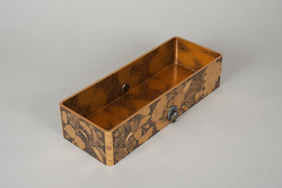 Letter Box (Fumibako) with Design of Cherry Blossom and Maple Leaf, Polished lacquer with sprinkled gold and gold lacquer, mounted with silver rings, Japan