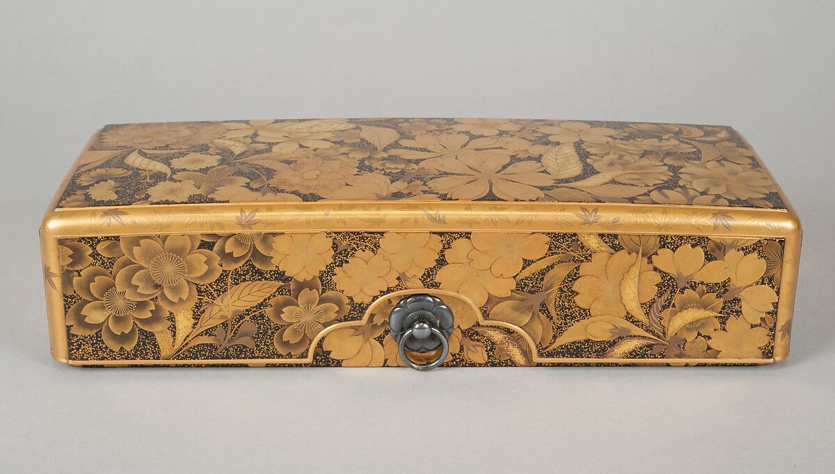 Letter Box (Fumibako) with Design of Cherry Blossom and Maple Leaf, Polished lacquer with sprinkled gold and gold lacquer, mounted with silver rings, Japan
