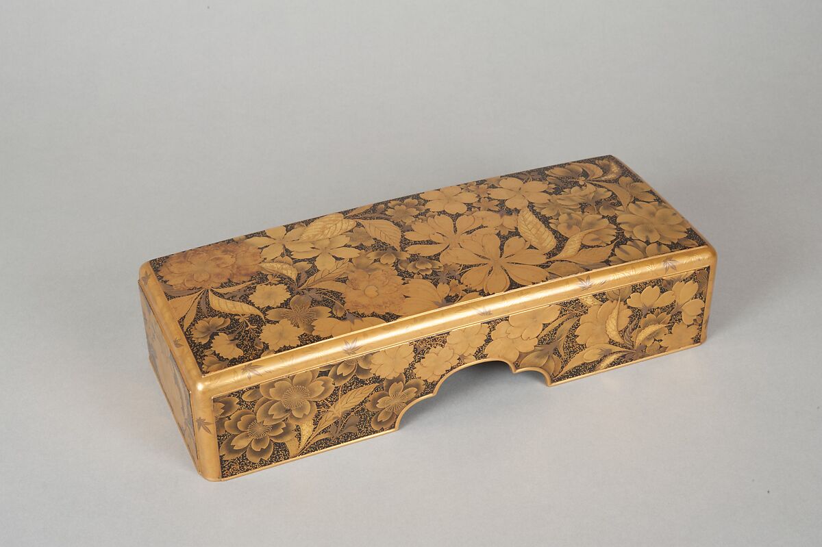 Letter Box (Fumibako) with Design of Cherry Blossom and Maple Leaf, Polished lacquer with sprinkled gold and gold lacquer, mounted with silver rings, Japan