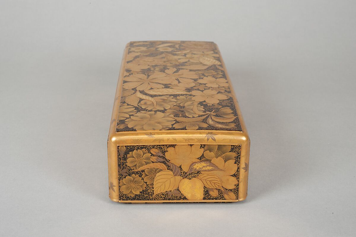 Letter Box (Fumibako) with Design of Cherry Blossom and Maple Leaf, Polished lacquer with sprinkled gold and gold lacquer, mounted with silver rings, Japan