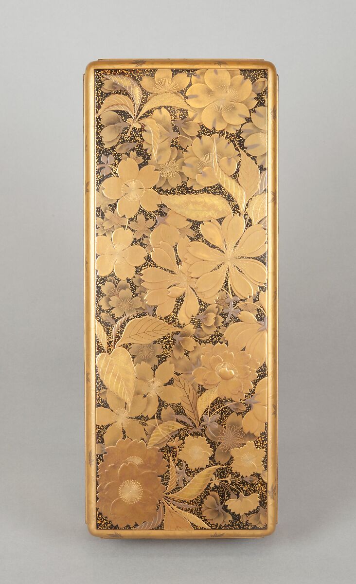 Letter Box (Fumibako) with Design of Cherry Blossom and Maple Leaf, Polished lacquer with sprinkled gold and gold lacquer, mounted with silver rings, Japan