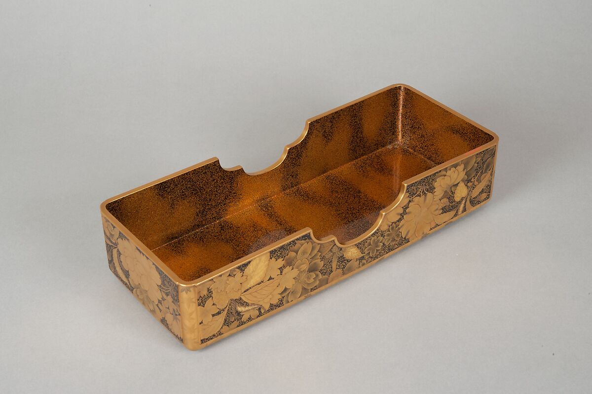 Letter Box (Fumibako) with Design of Cherry Blossom and Maple Leaf, Polished lacquer with sprinkled gold and gold lacquer, mounted with silver rings, Japan