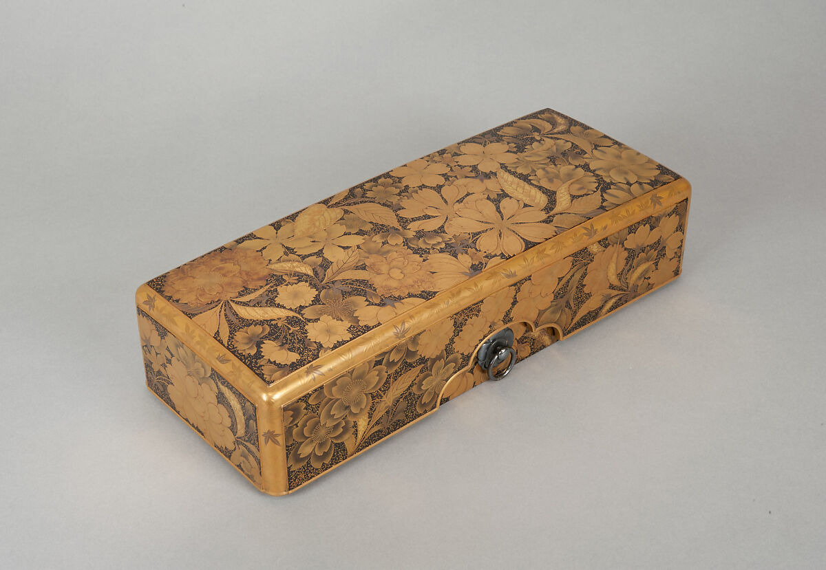 Letter Box (Fumibako) with Design of Cherry Blossom and Maple Leaf, Polished lacquer with sprinkled gold and gold lacquer, mounted with silver rings, Japan 