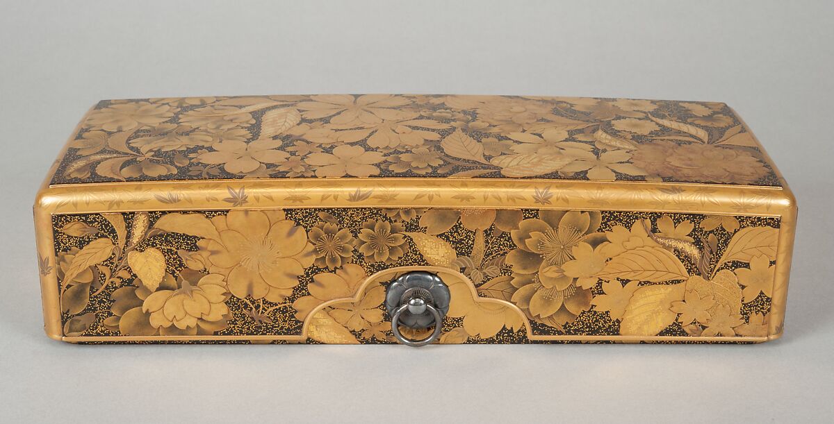 Letter Box (Fumibako) with Design of Cherry Blossom and Maple Leaf, Polished lacquer with sprinkled gold and gold lacquer, mounted with silver rings, Japan
