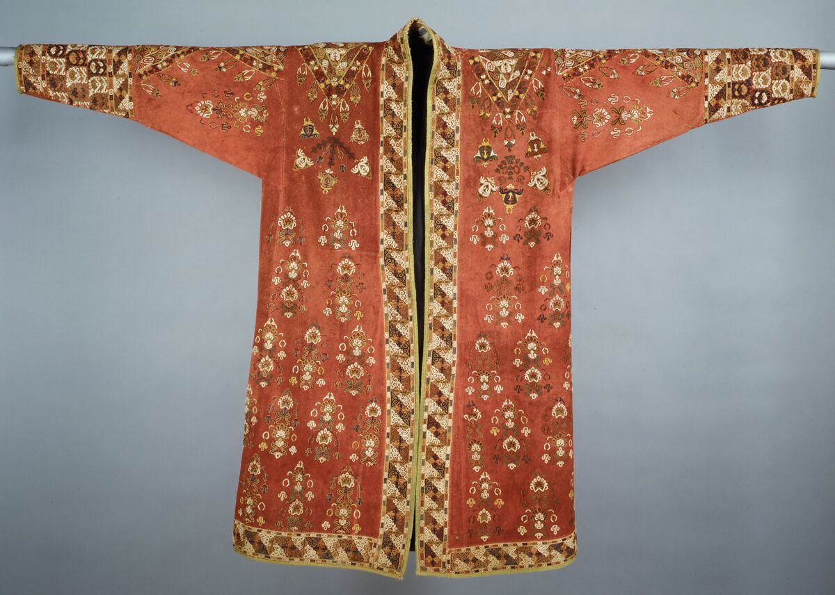 Coat (Choga), Ground fabric: hand-spun red plain-weave wool (warp and weft); embroidery: silk; facing: ikat silk (warp), cotton (weft); lining: roller-printed Russian cotton