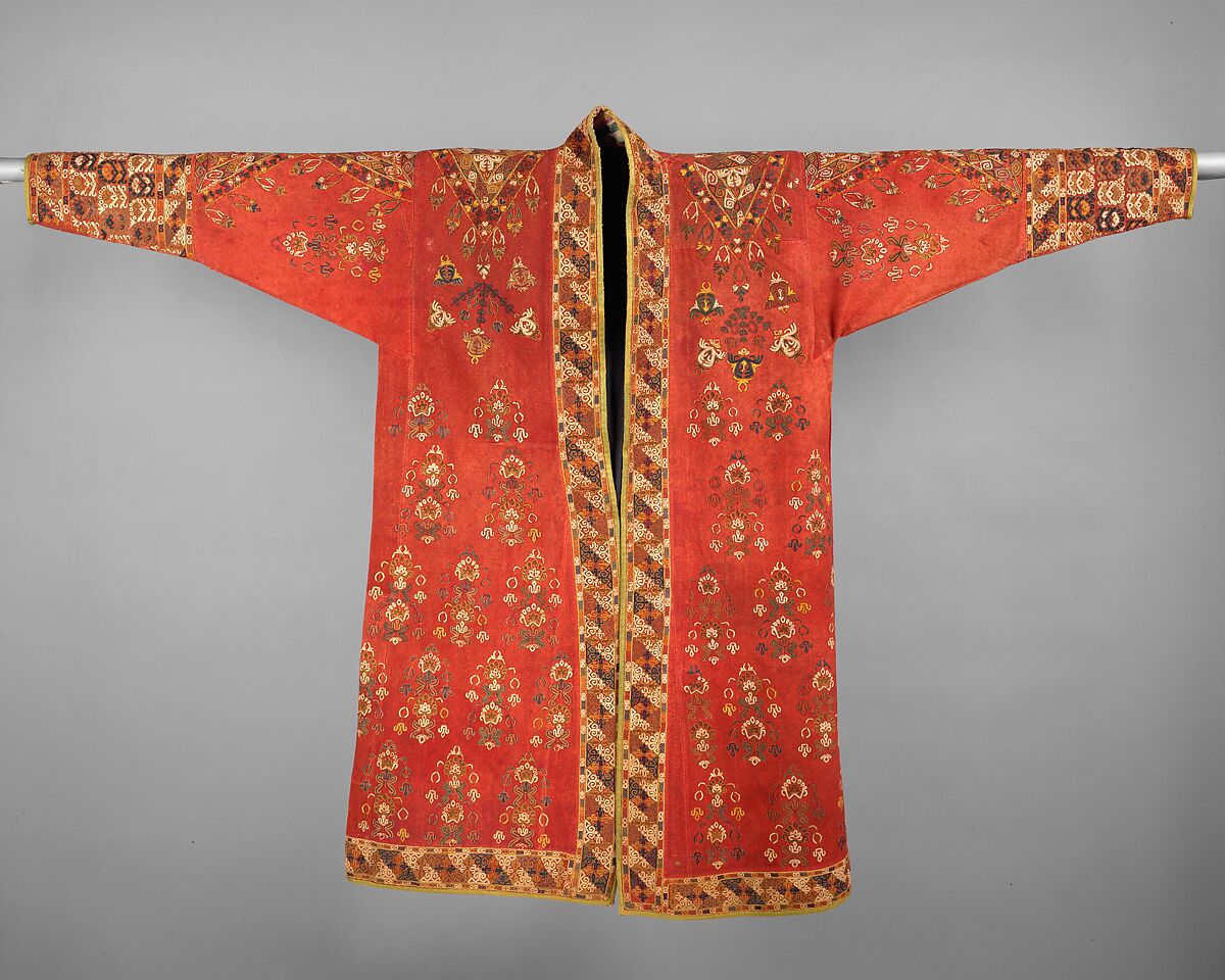 Coat (Choga), Ground fabric: hand-spun red plain-weave wool (warp and weft); embroidery: silk; facing: ikat silk (warp), cotton (weft); lining: roller-printed Russian cotton