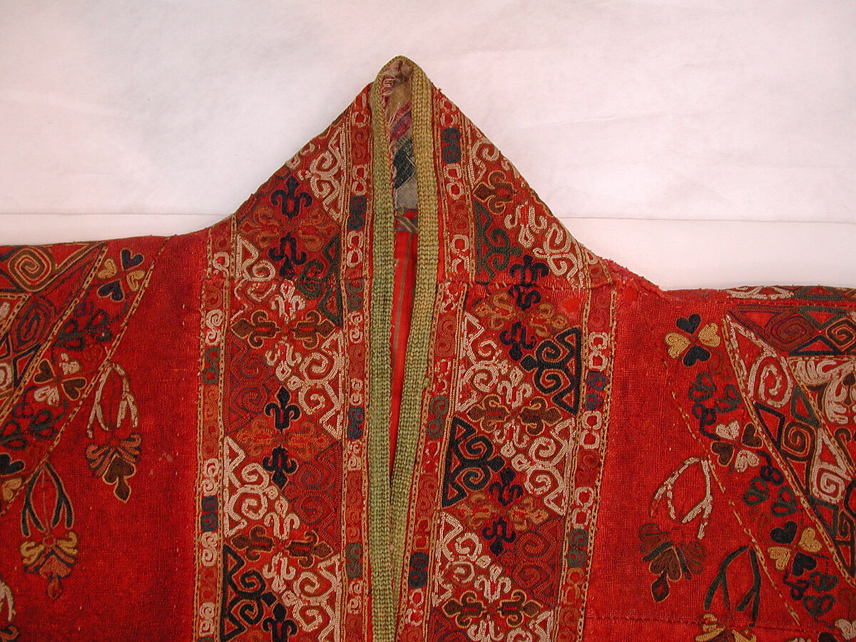 Coat (Choga), Ground fabric: hand-spun red plain-weave wool (warp and weft); embroidery: silk; facing: ikat silk (warp), cotton (weft); lining: roller-printed Russian cotton