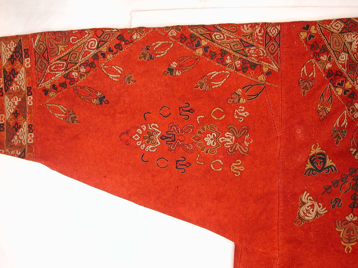 Coat (Choga), Ground fabric: hand-spun red plain-weave wool (warp and weft); embroidery: silk; facing: ikat silk (warp), cotton (weft); lining: roller-printed Russian cotton