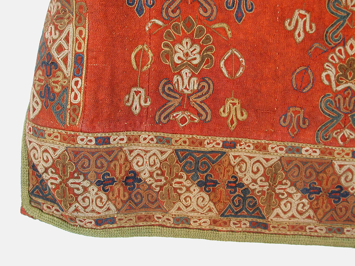 Coat (Choga), Ground fabric: hand-spun red plain-weave wool (warp and weft); embroidery: silk; facing: ikat silk (warp), cotton (weft); lining: roller-printed Russian cotton