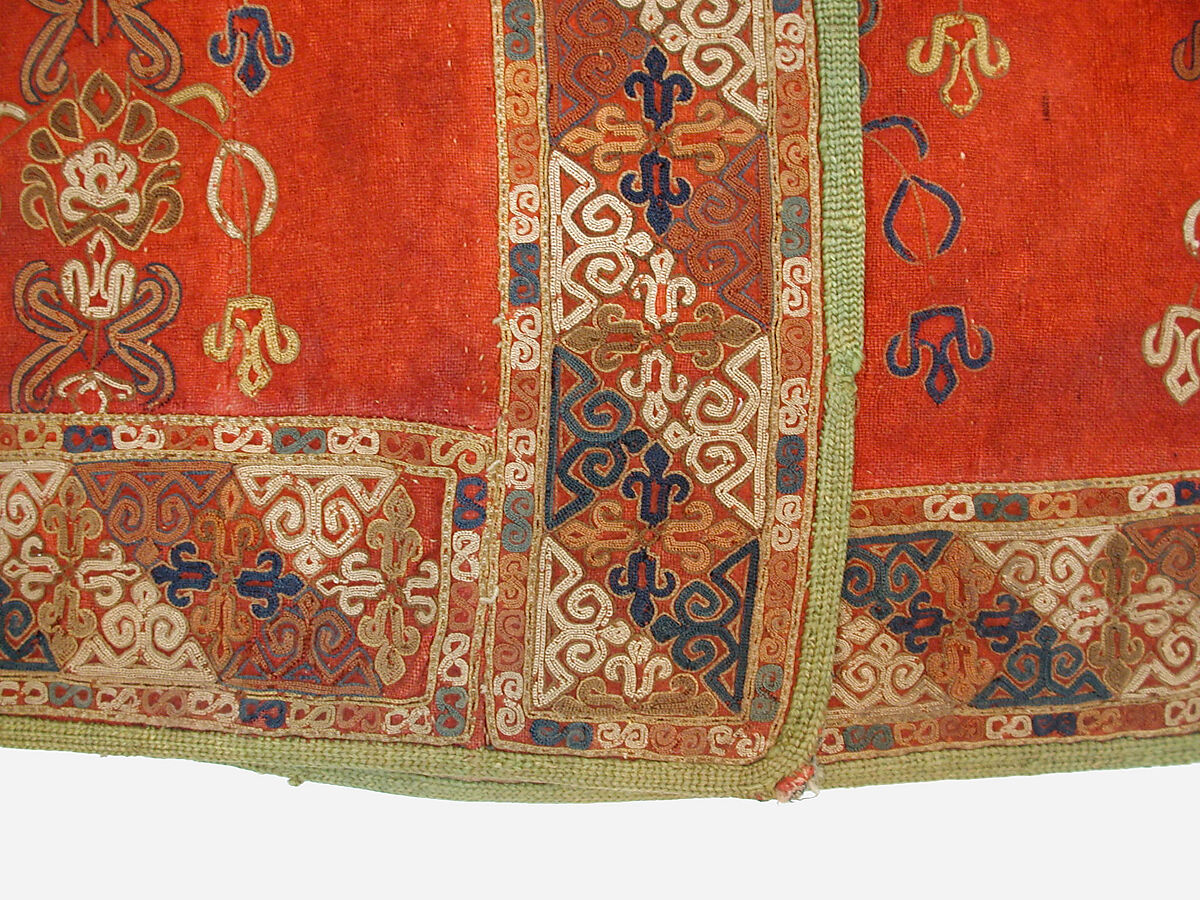 Coat (Choga), Ground fabric: hand-spun red plain-weave wool (warp and weft); embroidery: silk; facing: ikat silk (warp), cotton (weft); lining: roller-printed Russian cotton