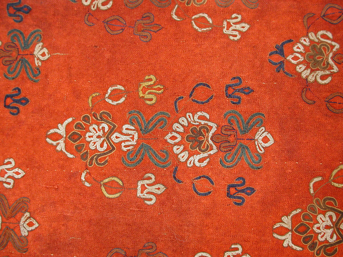 Coat (Choga), Ground fabric: hand-spun red plain-weave wool (warp and weft); embroidery: silk; facing: ikat silk (warp), cotton (weft); lining: roller-printed Russian cotton