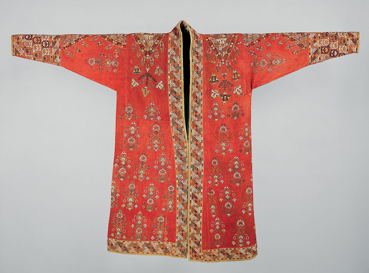 Coat (Choga), Ground fabric: hand-spun red plain-weave wool (warp and weft); embroidery: silk; facing: ikat silk (warp), cotton (weft); lining: roller-printed Russian cotton