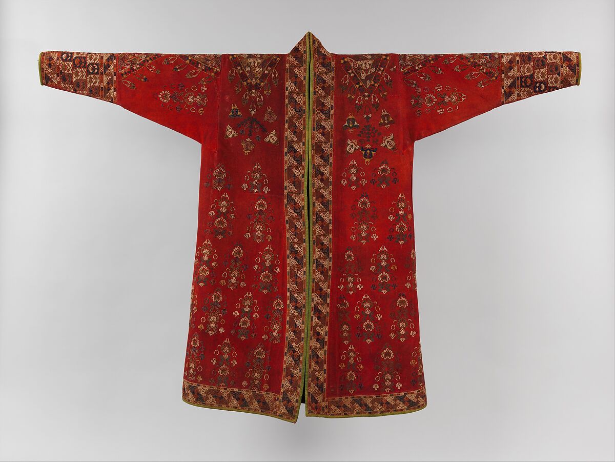 Coat (Choga), Ground fabric: hand-spun red plain-weave wool (warp and weft); embroidery: silk; facing: ikat silk (warp), cotton (weft); lining: roller-printed Russian cotton