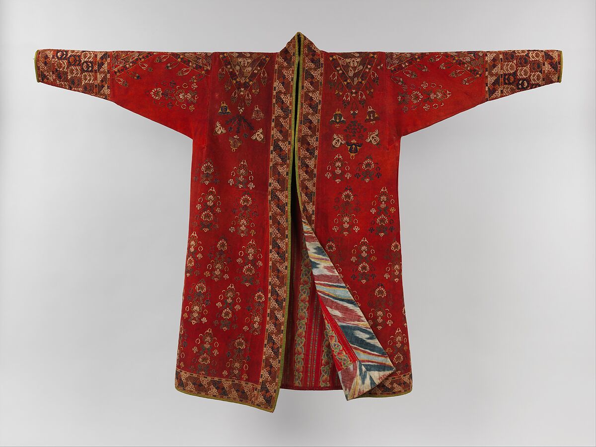Coat (Choga), Ground fabric: hand-spun red plain-weave wool (warp and weft); embroidery: silk; facing: ikat silk (warp), cotton (weft); lining: roller-printed Russian cotton