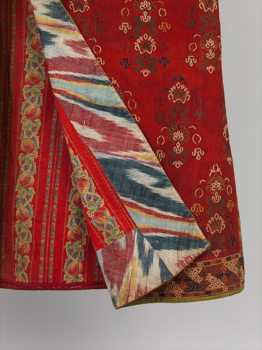 Coat (Choga), Ground fabric: hand-spun red plain-weave wool (warp and weft); embroidery: silk; facing: ikat silk (warp), cotton (weft); lining: roller-printed Russian cotton