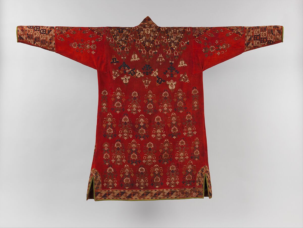 Coat (Choga), Ground fabric: hand-spun red plain-weave wool (warp and weft); embroidery: silk; facing: ikat silk (warp), cotton (weft); lining: roller-printed Russian cotton
