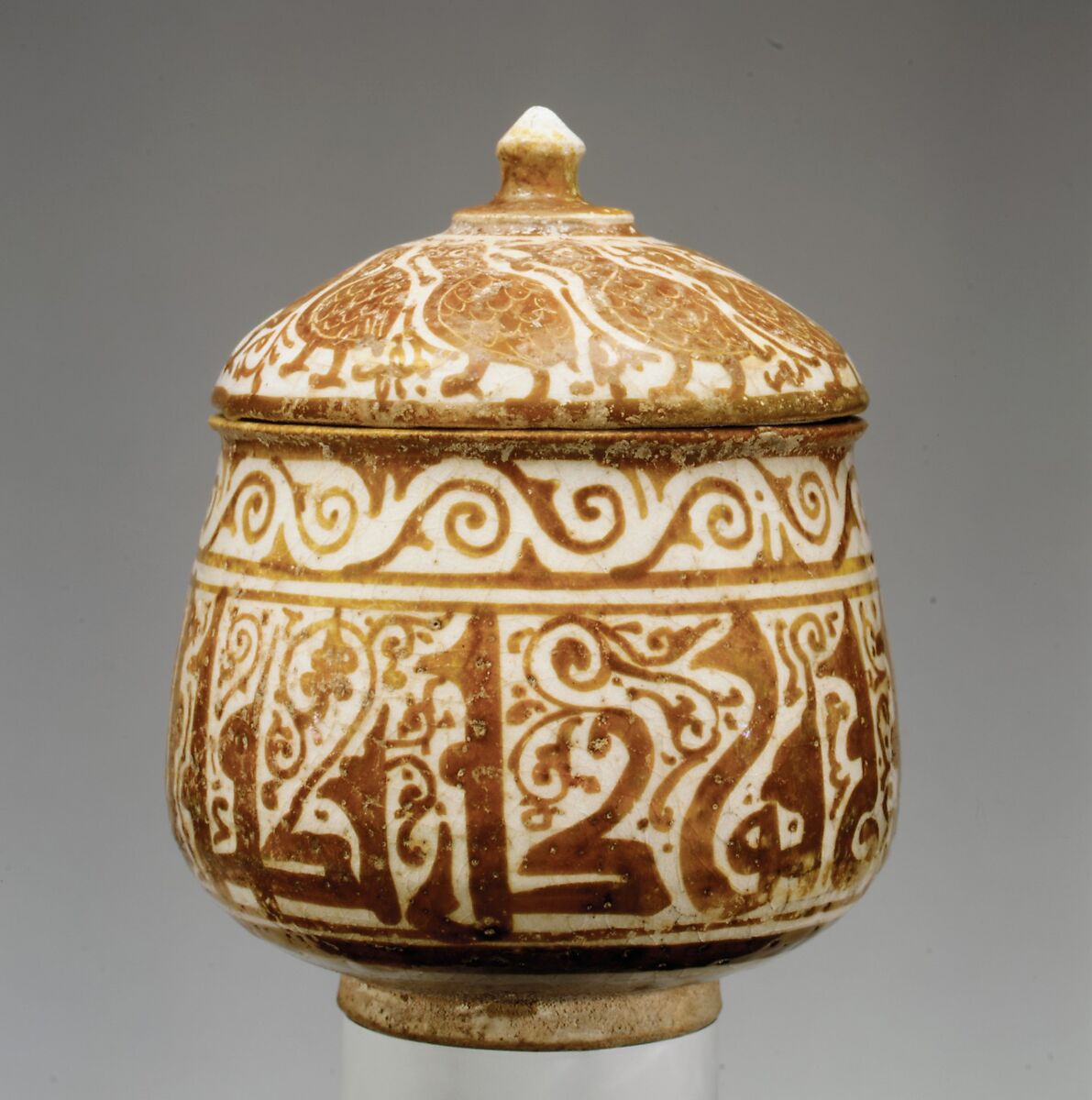 Pyxis (Cylindrical Container), Stonepaste; luster-painted on incised, opaque white glaze