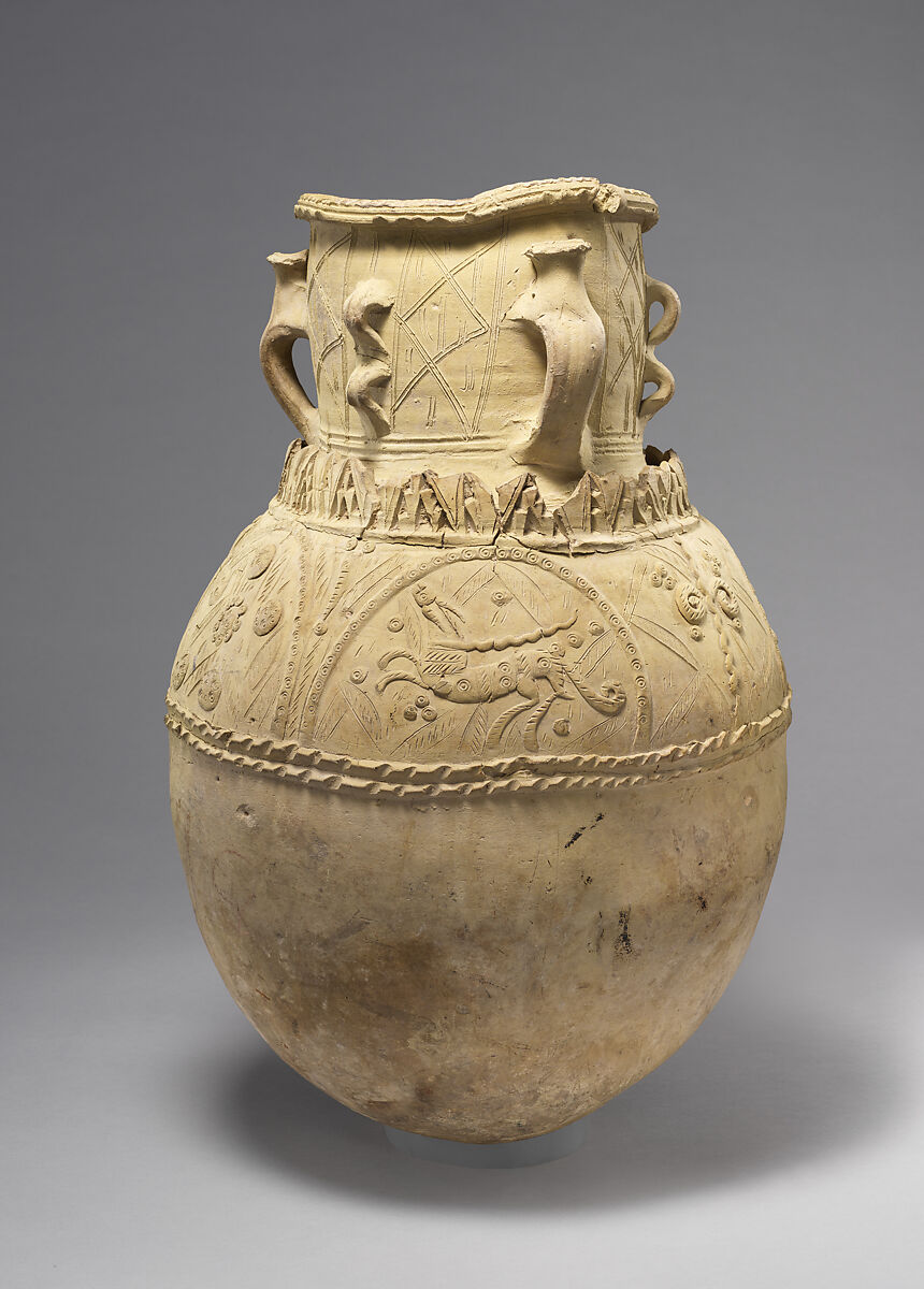 Large Storage Jar for Cool Water With a Bejeweled Lion, Hare, and Deer, Earthenware; applied, impressed, and incised decoration, unglazed