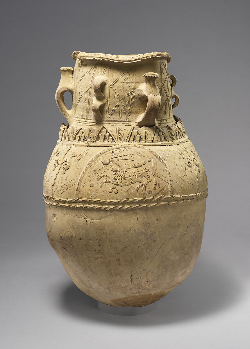Large Storage Jar for Cool Water With a Bejeweled Lion, Hare, and Deer, Earthenware; applied, impressed, and incised decoration, unglazed