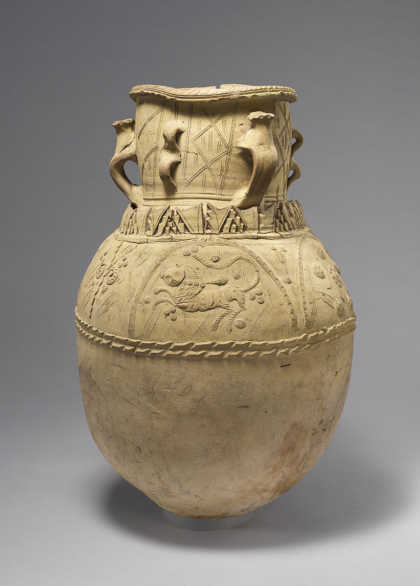 Large Storage Jar for Cool Water With a Bejeweled Lion, Hare, and Deer, Earthenware; applied, impressed, and incised decoration, unglazed 