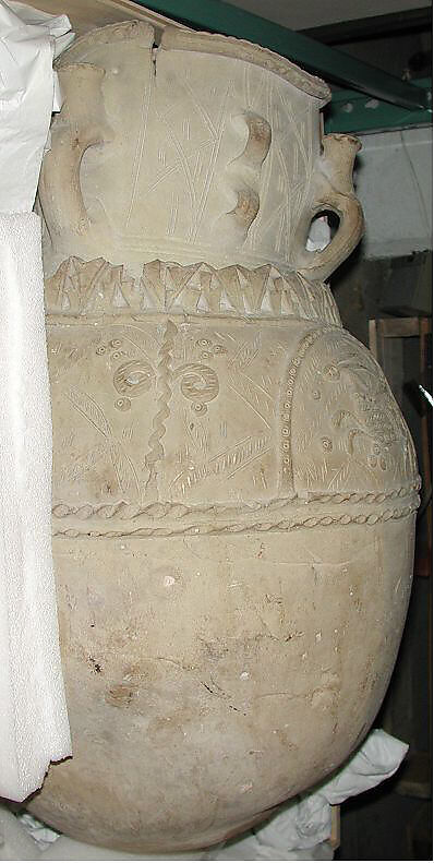 Large Storage Jar for Cool Water With a Bejeweled Lion, Hare, and Deer, Earthenware; applied, impressed, and incised decoration, unglazed