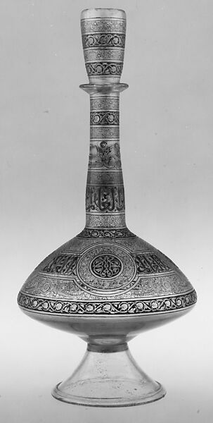 Bottle, Glass; free blown, enameled, and gilded