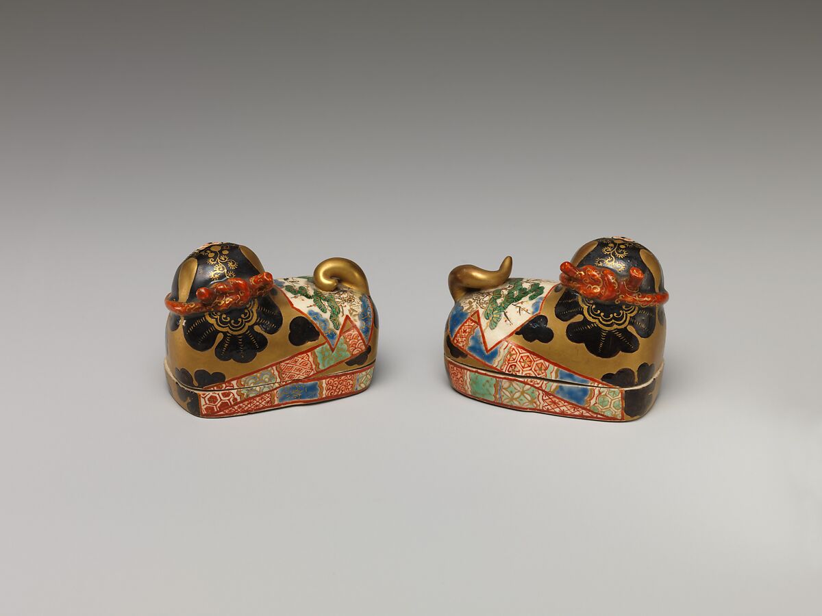 One of a Pair of Incense Boxes in the Shape of Dog Charms, Porcelain with overglaze enamels (Minpei kilns), Japan