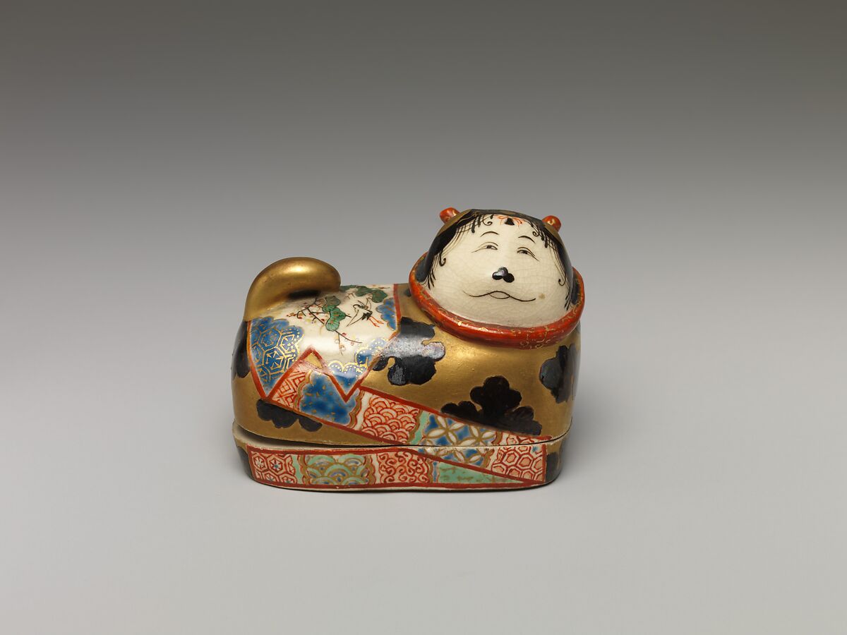 One of a Pair of Incense Boxes in the Shape of Dog Charms, Porcelain with overglaze enamels (Minpei kilns), Japan 