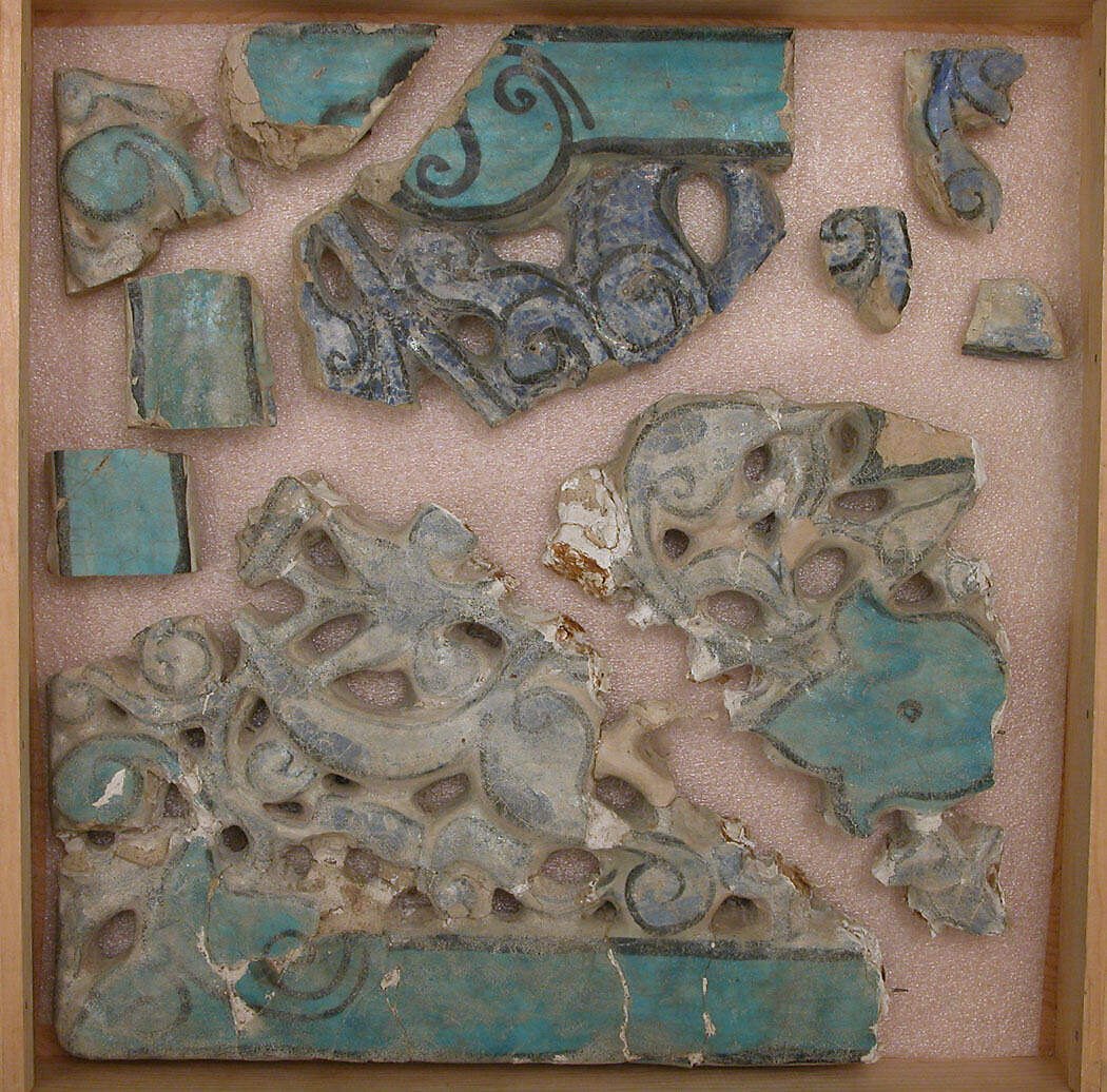 Pierced Screen with Letters against a Vegetal Pattern (and Additional Fragments of a Screen), Stonepaste; painted and glazed