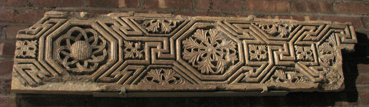 Fragment from a Frieze with Meander Pattern and Rosettes, Limestone; carved in relief