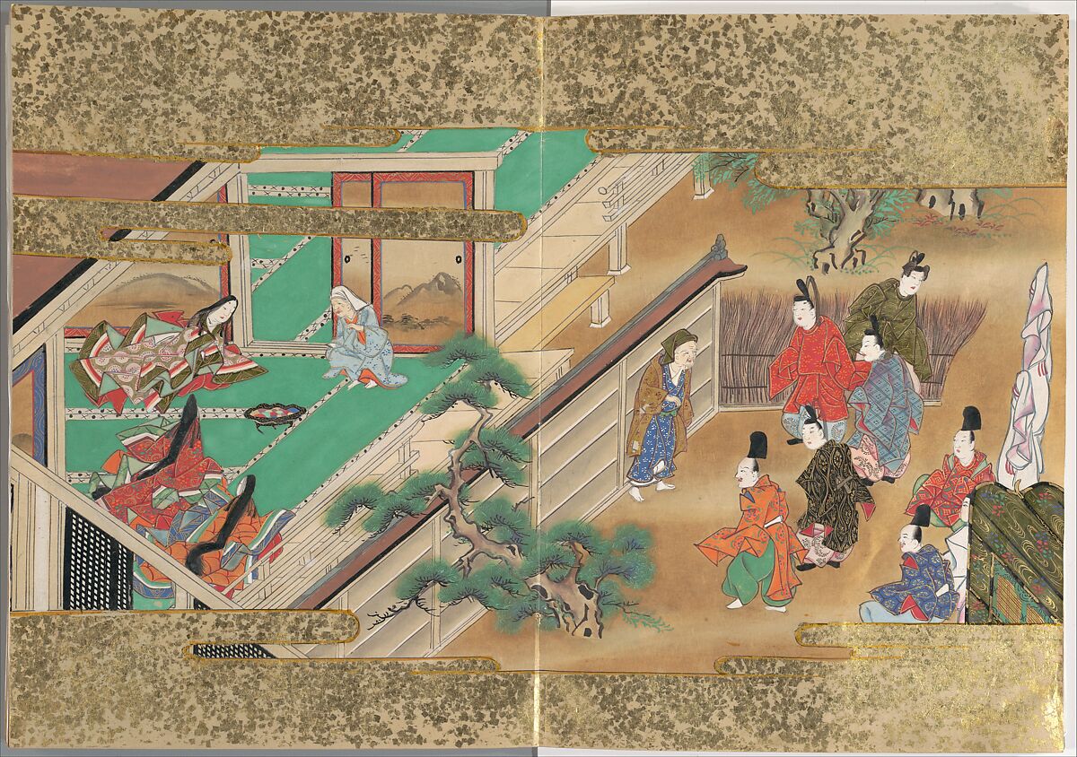 The Tale of the Bamboo Cutter, Hand-illustrated set of three volumes; ink, color, gold, and silver on paper, Japan