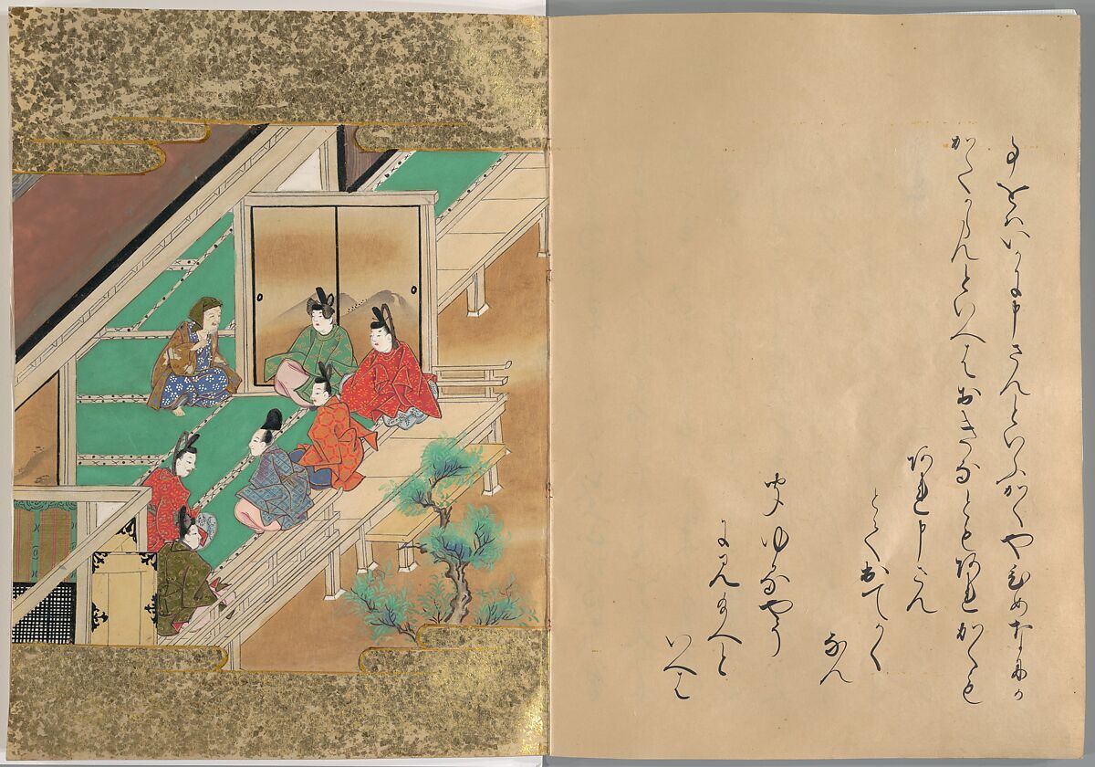 The Tale of the Bamboo Cutter, Hand-illustrated set of three volumes; ink, color, gold, and silver on paper, Japan