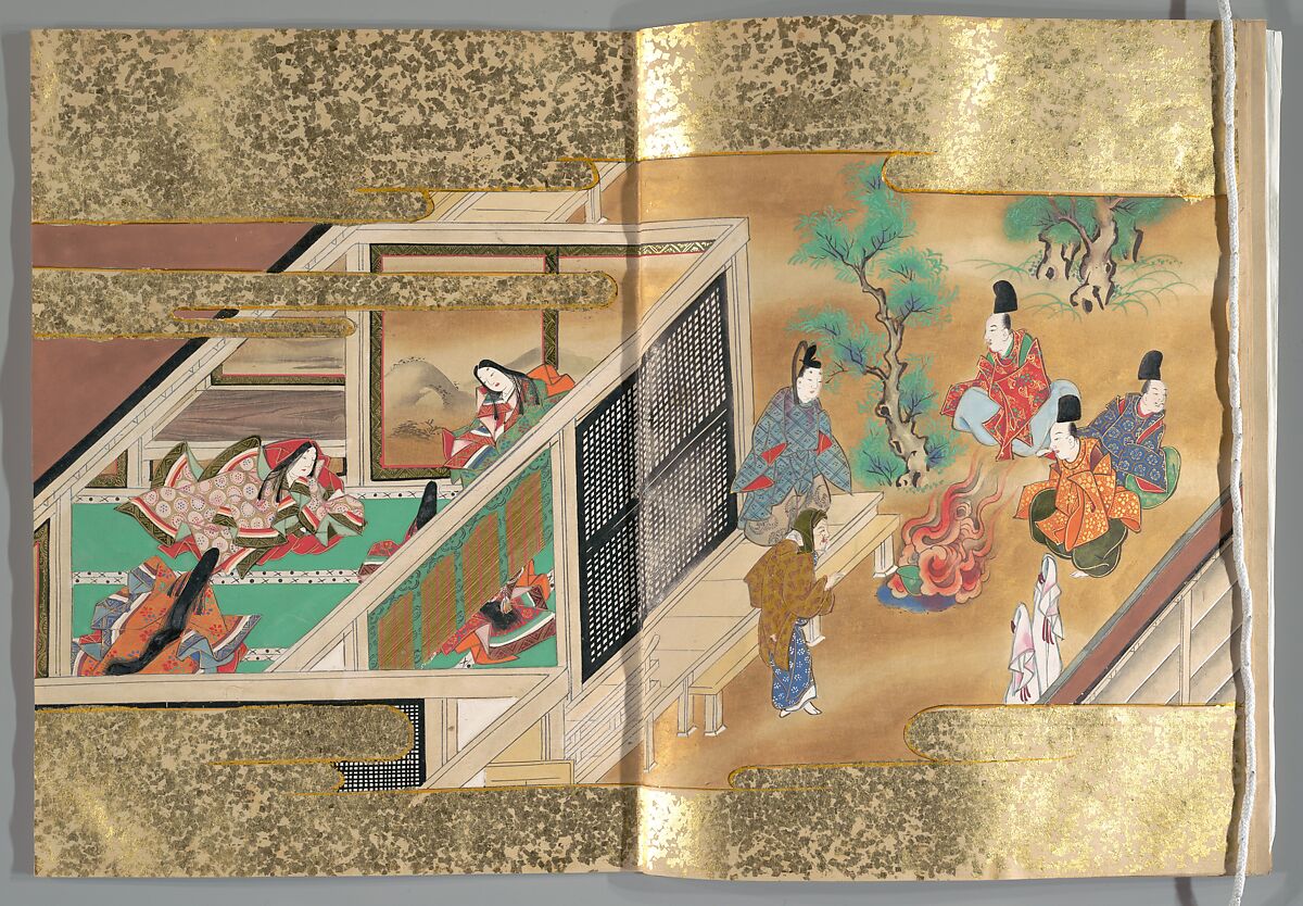 The Tale of the Bamboo Cutter, Hand-illustrated set of three volumes; ink, color, gold, and silver on paper, Japan