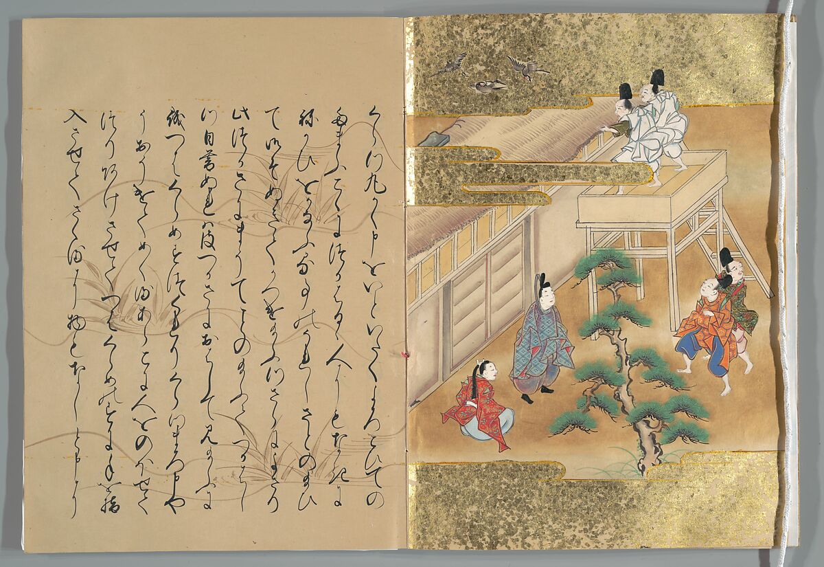 The Tale of the Bamboo Cutter, Hand-illustrated set of three volumes; ink, color, gold, and silver on paper, Japan