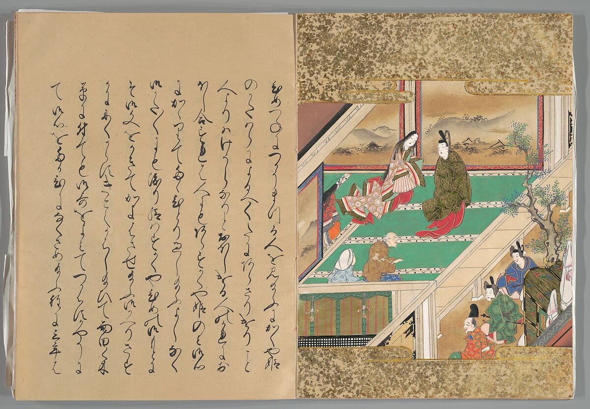 The Tale of the Bamboo Cutter, Hand-illustrated set of three volumes; ink, color, gold, and silver on paper, Japan